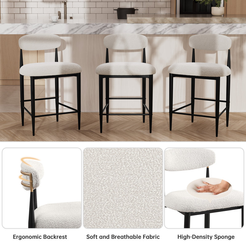 Upholstered Counter Stool with Metal Frame, White