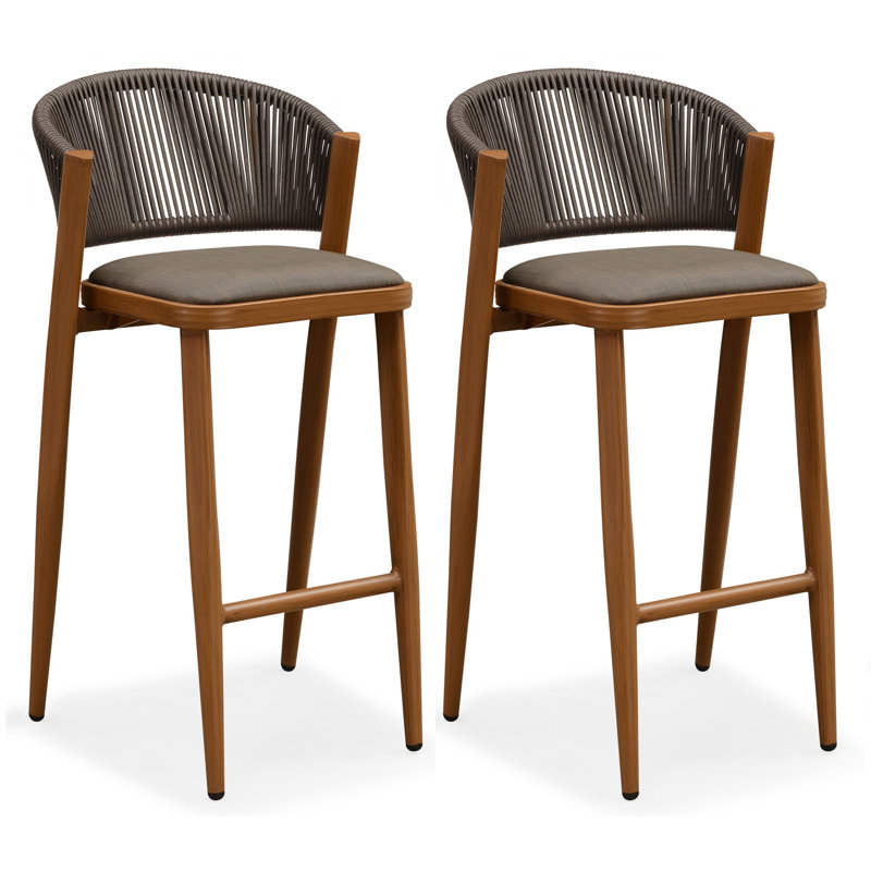 Brasia 29.72" Patio Bar Stool with Cushion, Brown Frame/Gray Cushion