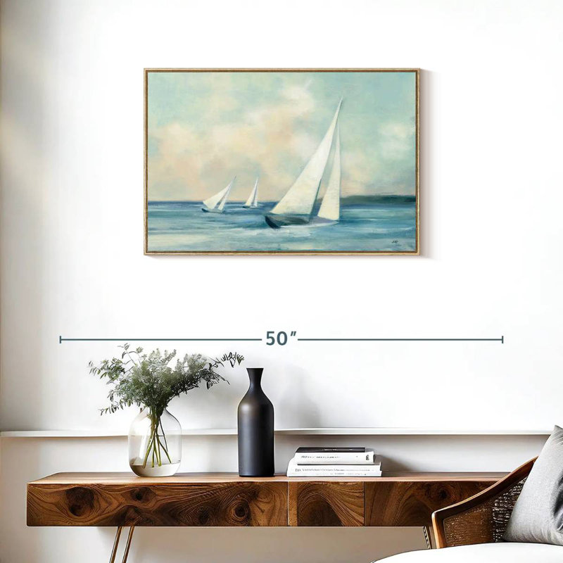 Voiliers au lever du soleil, Cadre flottant en bois naturel, 31 po x 21 po