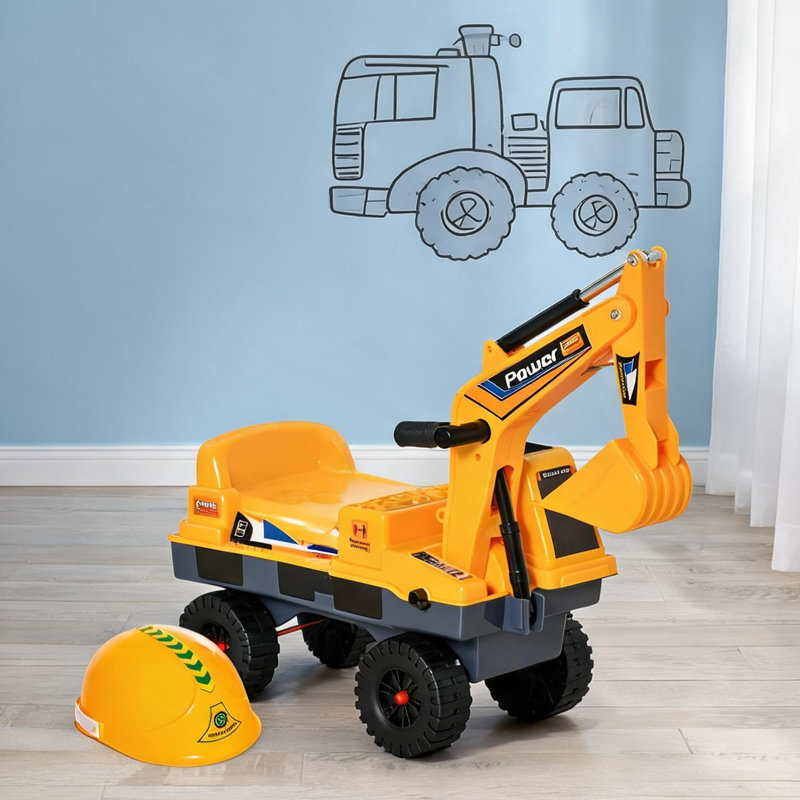 Excavatrice autoportante jaune ensoleillé en PP et ABS avec bacs à creuser et à saisir interchangeables, rangement sous le siège, lumières et musique