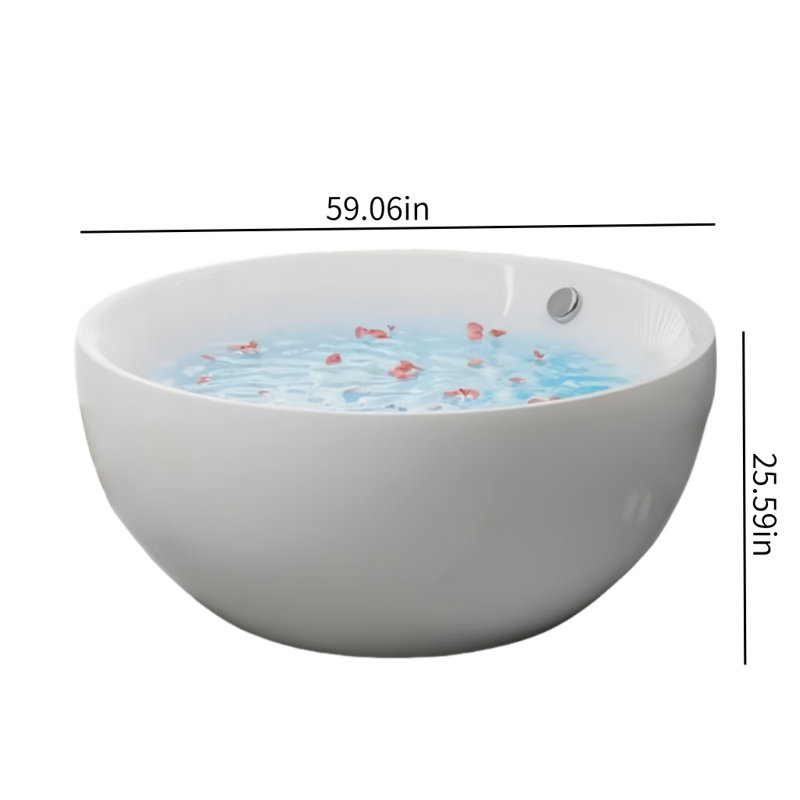 Modern Simple Acrylic White Round Bathtub 59.06'' W 25.59'' H Frameless Round Tub & Shower Kit