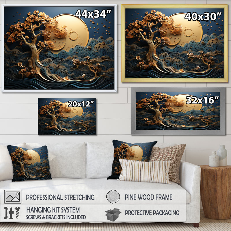 Décoration murale or et bleu Coastal Ambiance III - Arbre, Cadre flottant noir, H 12 po x l 20 po x P 1 po