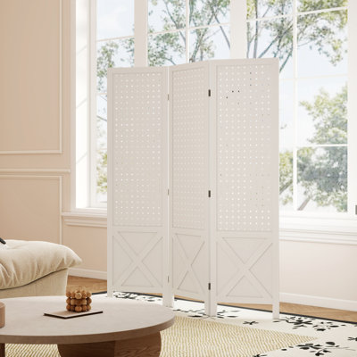 56.9" 3 Panel Room Divider with Pegboard Display for Indoor White
