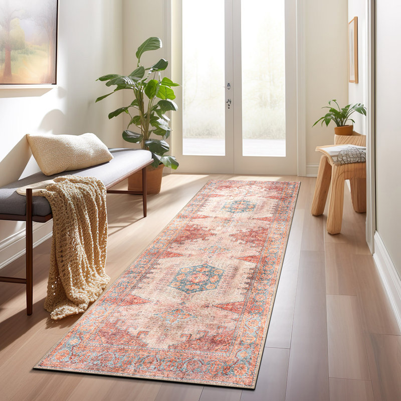 Griffey Vintage Boho Machine Washable Red/Blue Non-Slip Backing Area Rug, Runner 2'6" x 12'