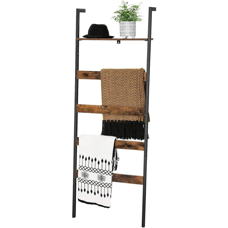 Versatile Industrial Rustic Brown Wall-Leaning Blanket Ladder with Storage Shelf
