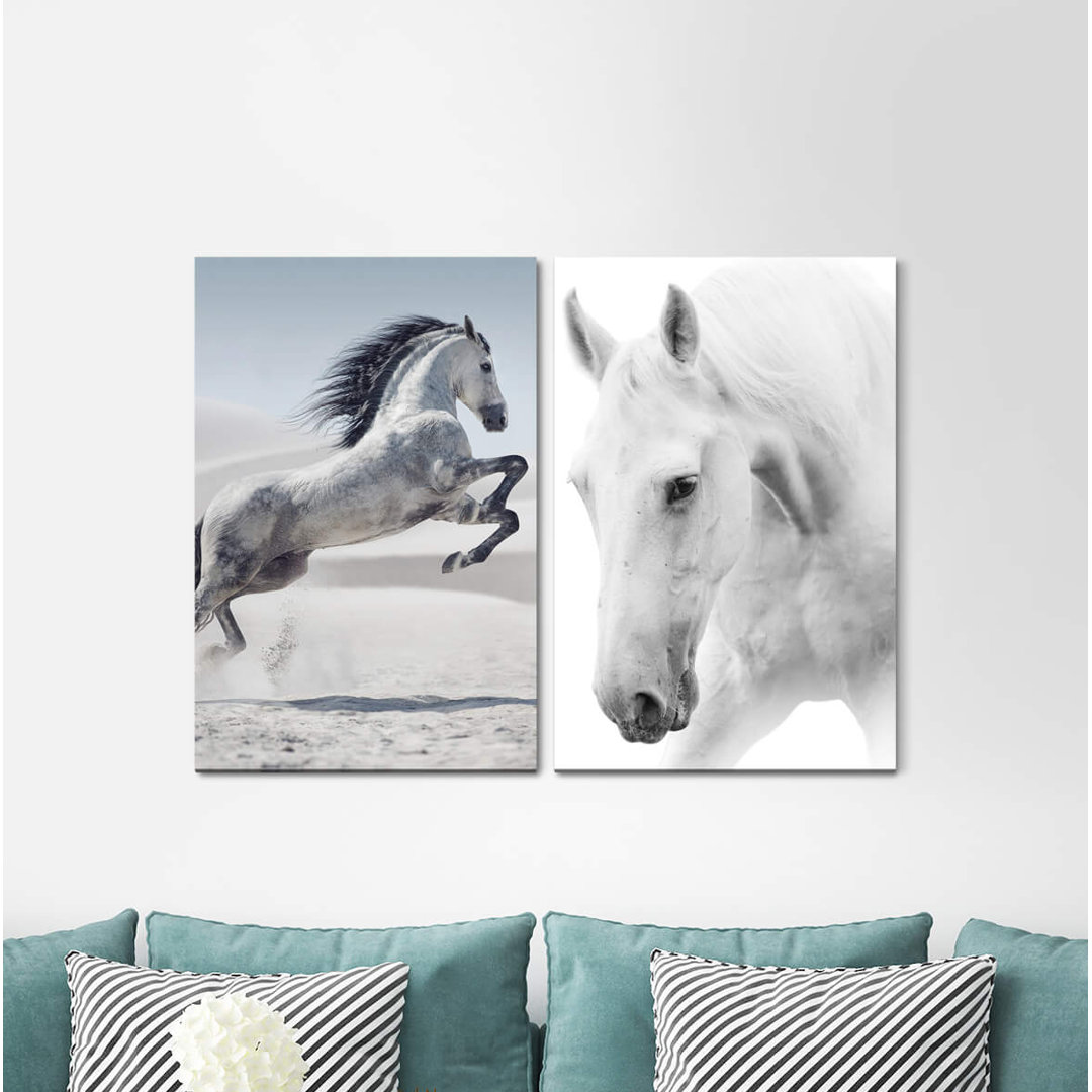 2-tlg. Leinwandbilder-Set - Grafikdruck „Horses Mustang Grey Powerful Wild Desert Cavalier Start”