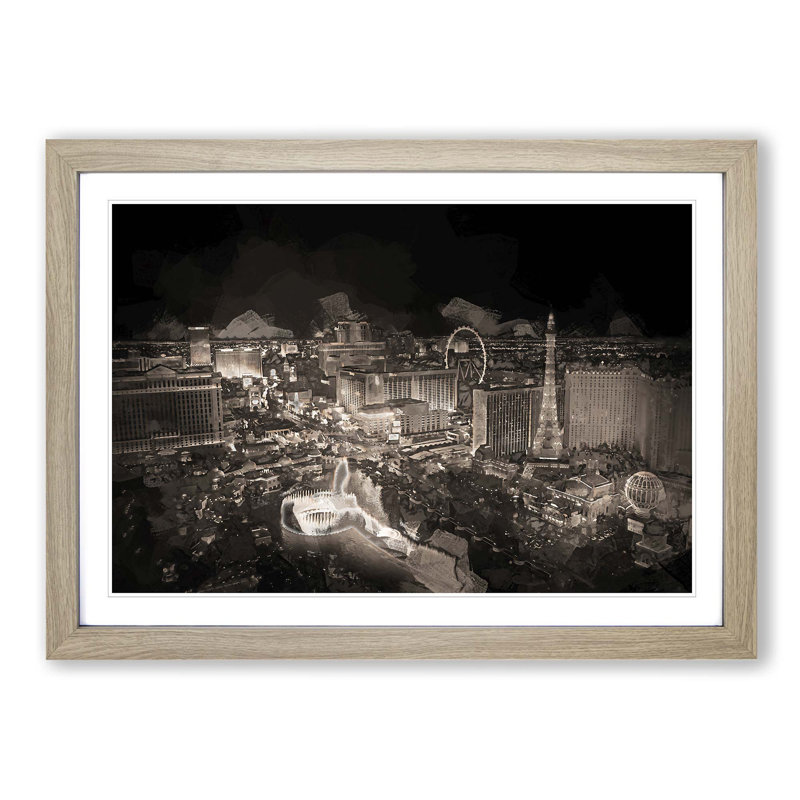Las Vegas Skyline at Night in Abstract - Picture Frame Graphic Art Print on MDF, 48cm H x 65cm W x 2cm D, Oak Framed