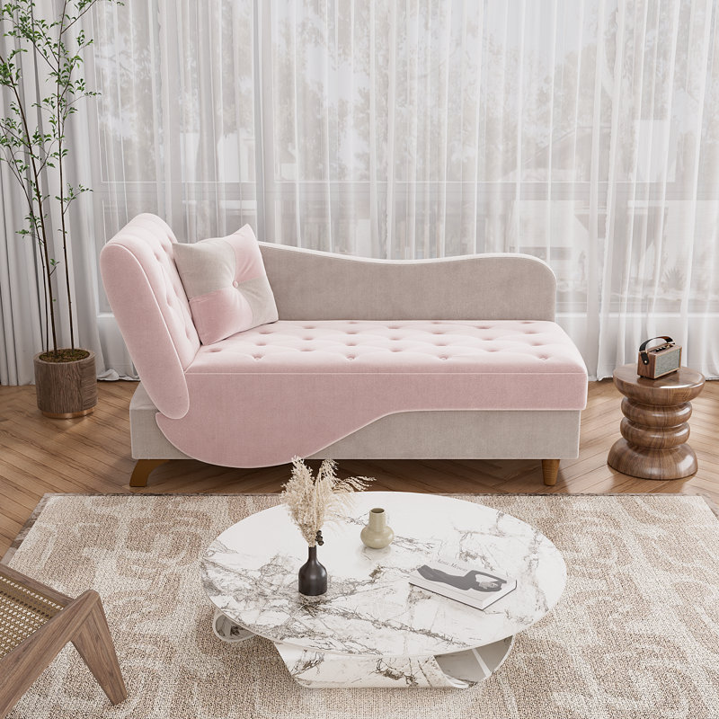 Pink and Gray Velvet Upholstered Chaise Lounge with Storage
