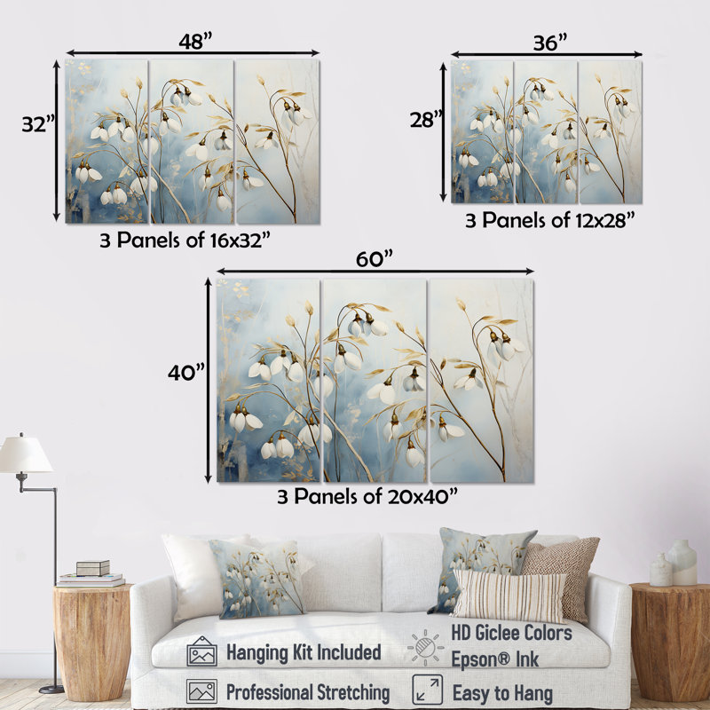 «White and Blue Snowdrops Simplicity III», ensemble d'art sur toile, H 28 po x l 36 po x P 1 po