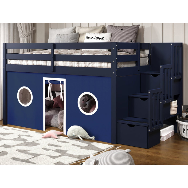 Johannes Solid Wood Twin Low Loft Bed with 3 Step-Stairway and Tent, Blue