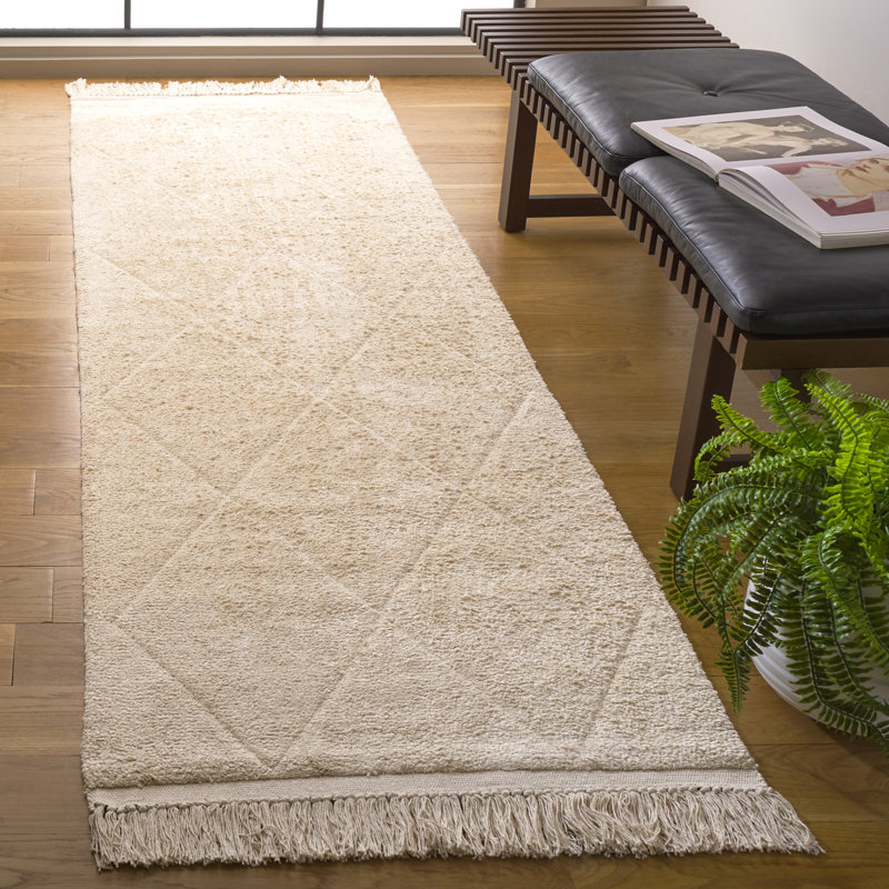 Tapis ivoire en coton tissé à la main et à plat Fredis, Tapis de couloir 2 pi 3 po x 8 pi