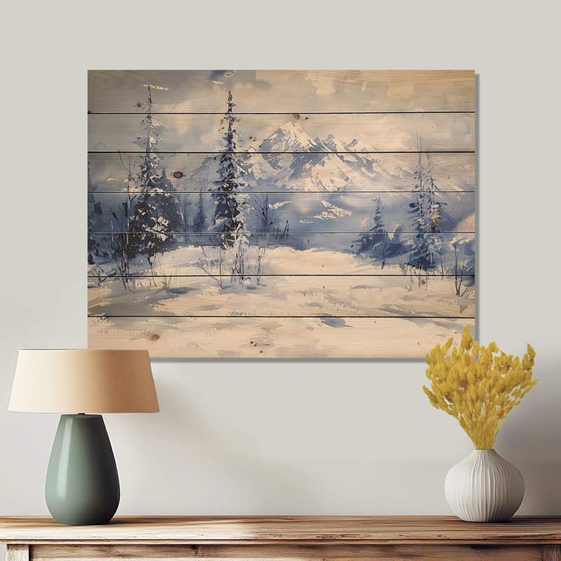Paysage de montagne enneigée en hiver I - Décoration murale traditionnelle en bois sur bois de pin naturel, H 10 po x l 20 po