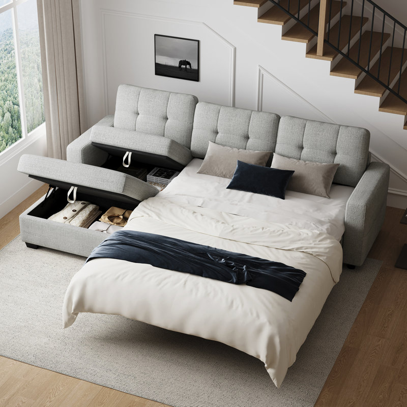Canapé-lit modulaire en L avec rangement caché, Chenille gris pâle