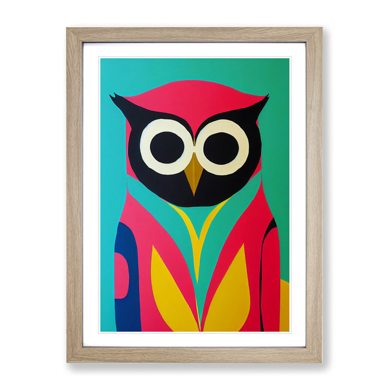 Colourful Abstract Owl No.2 - Single Picture Frame Print, 34cm H x 25cm W x 2cm D, Oak