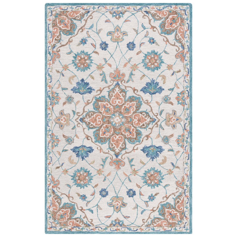 Kardell Blossom Hand Tufted Wool Cotton Floral Rug in Blue/Beige, Rectangle 3' x 5'