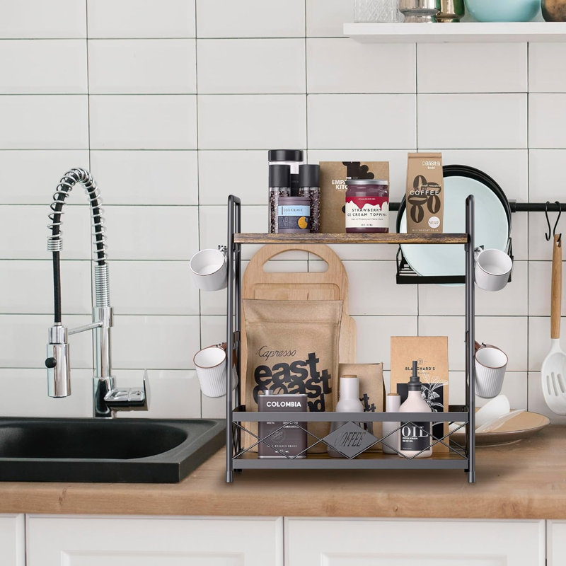 Porte-gobelet à 2 niveaux pour comptoir, organisateur de tasses à café avec 12 crochets, porte-tasses à café, étagère à tasses à café en métal pour bar à café, noir