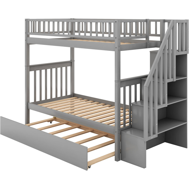 Lit simple superposé avec lit gigogne et rangement, finition grise, lattes en bois pour matelas ne nécessitant pas de sommier