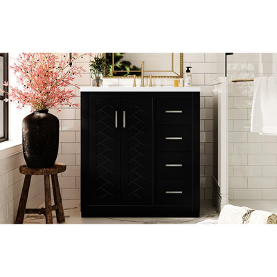 Meuble-lavabo de 30 po avec cadre en bois massif, planches, glissière à tiroir lisse, style rétro, 3 tiroirs, facile à assembler, option de rangement dissimulé pour les articles de toilette essentiels