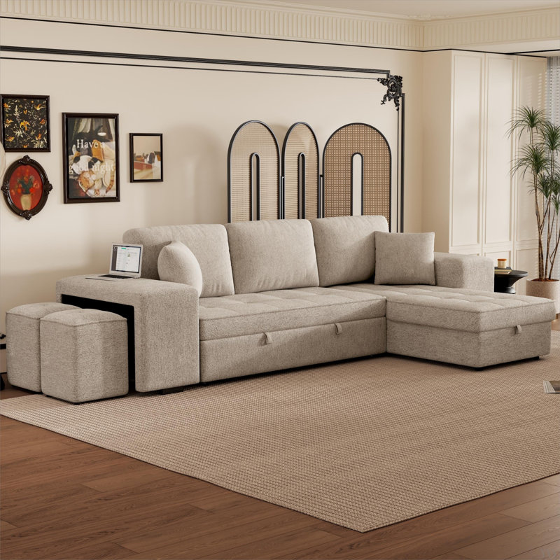 104.5" Modern L-Shape 3 Seat Reversible Sectional Couch, Pull Out Sleeper Sofa with Storage Chaise and 2 Stools for Living Room Furniture Set