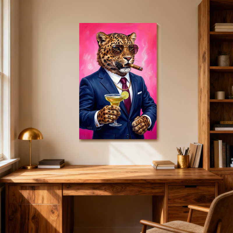 Animaux léopard en costume tenant un cocktail et un cigare, H 36 po x l 24 po