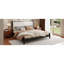 Grand lit plateforme en bois avec tête de lit tapissier, structure noire et tissu beige-133332700