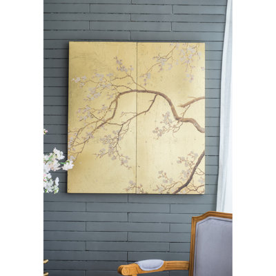 2 Cherry Blossom Wall Art, 21.3X47.2, For Living Area, Dining Room, Office, Bedroom, Strong Decoration, Nature Style Of 2 Panels Decoration Shine, 21.5" X 47", Theme, Gold Pink