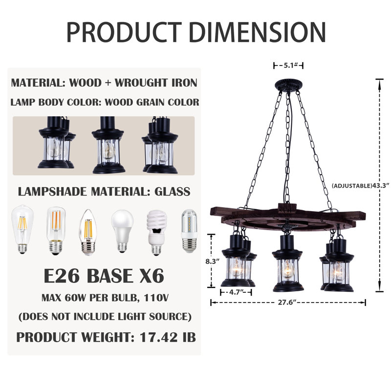 Lustre en bois 6 lumières Vintage