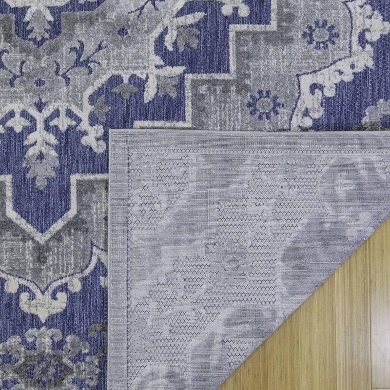 Blue and Gray Synthetic Flat Woven Reversible Area Rug 5' x 7'
