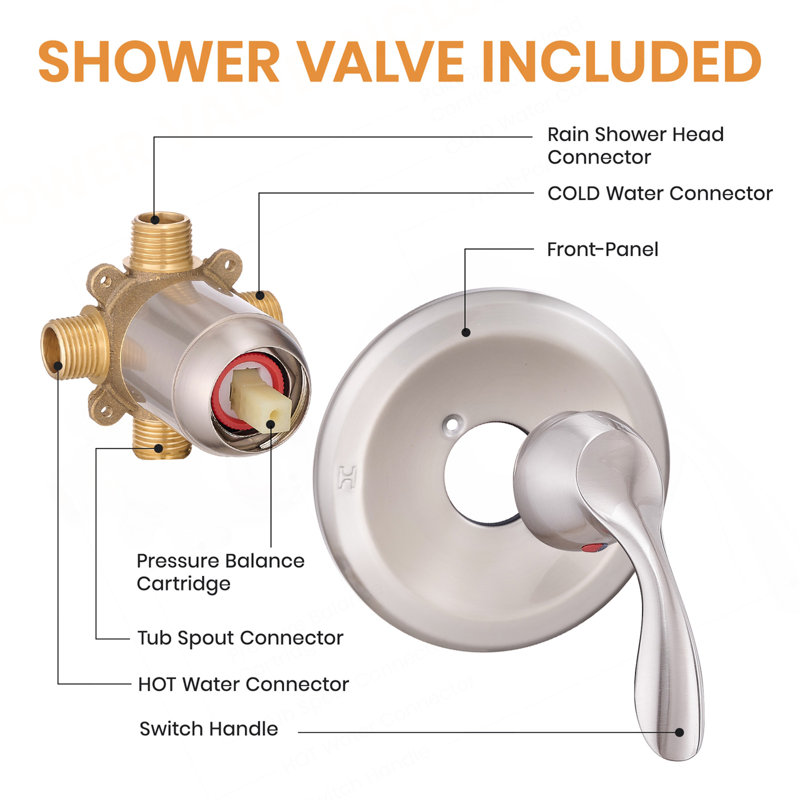 Brushed Nickel Tub & Shower Faucet Combo With 5-Spray Rain Shower Head, Pressure Balance Valve & Diverter Spout