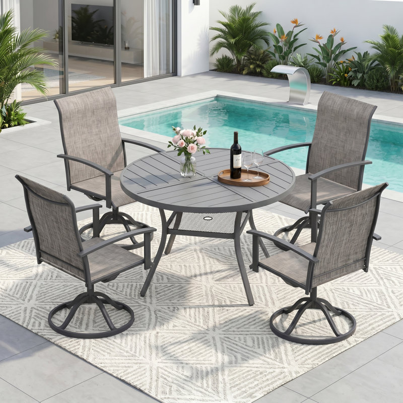 4-Person Round Patio Dining Set With Swivel PVC-Coated Polyester Chairs, Gray