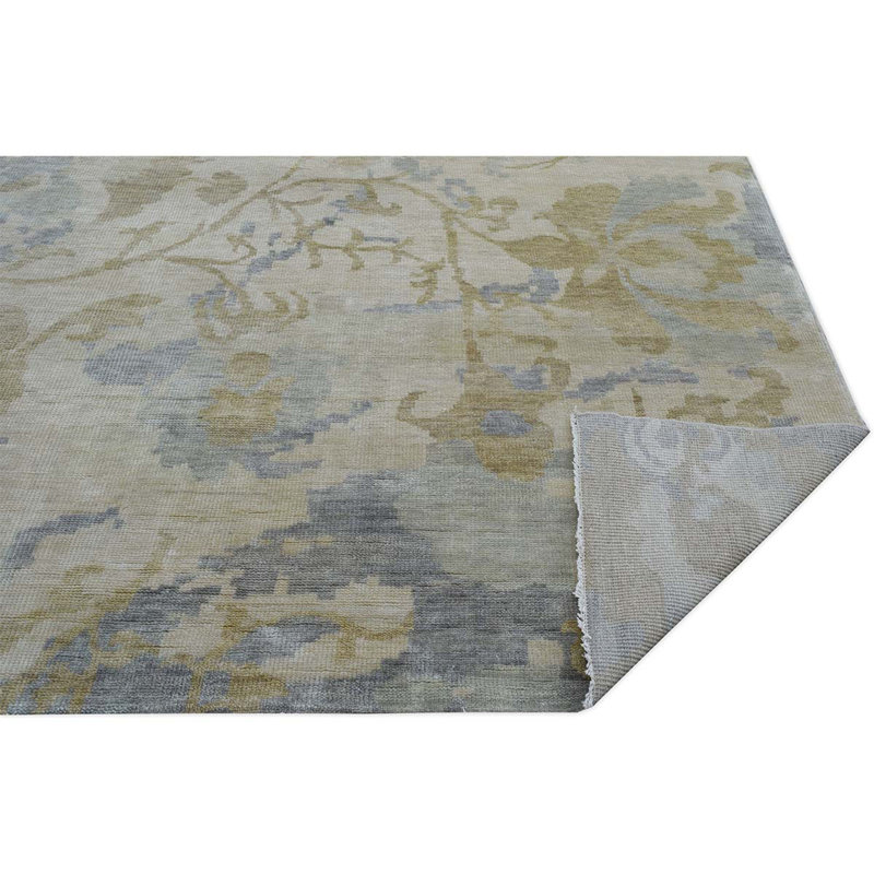 Tapis ivoire / gris / jaune noué à la main de haute qualité, Rectangle 6 pi x 9 pi