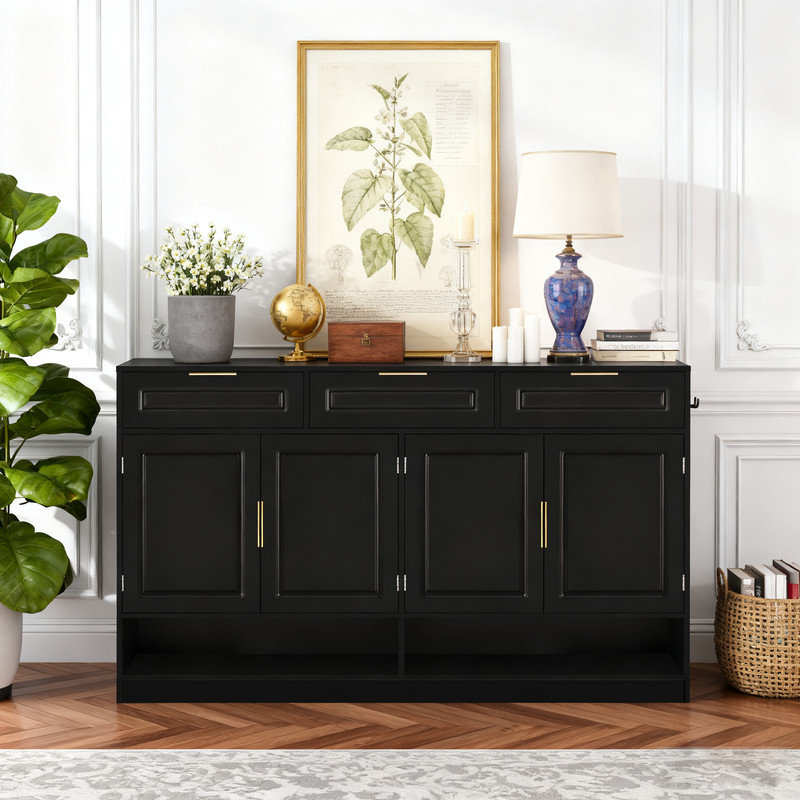 Farmhouse Sideboard With 3 Drawers & 4 Doors, 59.1" Rustic Buffet Cabinet With Adjustable Shelf For Dining Room & Living Room