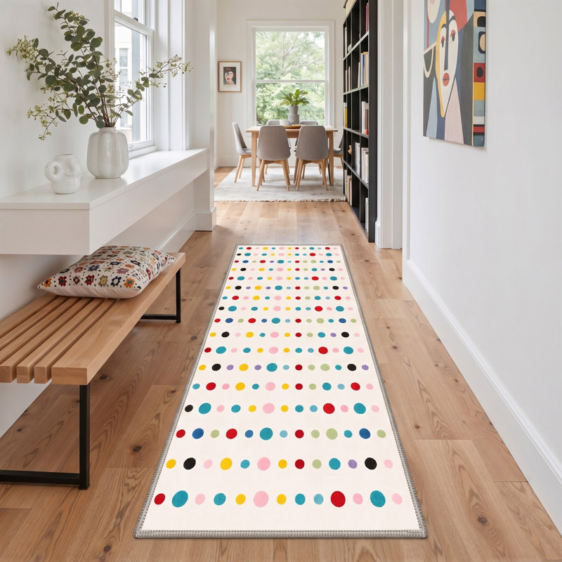 Tapis rond blanc / bleu à pois lavable à la machine avec envers antidérapant, Rond 5 pi