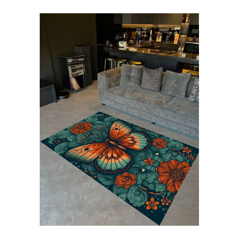 Tapis décoratif tissé à motif de papillons et de fleurs vert pétrole, Sous-tapis rectangulaire 2 pi 4 po x 3 pi 11 po