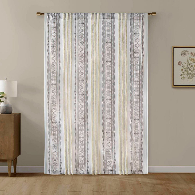 Panneau de rideau imprimé poly avec rayure et doublure touffetées 50 x 84 po, Beige, L 50,05 po x L 84,05 po