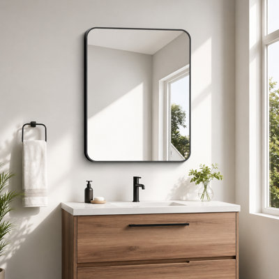 Bathroom mirror 30"×36" Shatterproof Metal Framed Wall Mirror Black, Tempered Safety Glass Wall Mirror, Bathroom Mirror with Rounded Corners