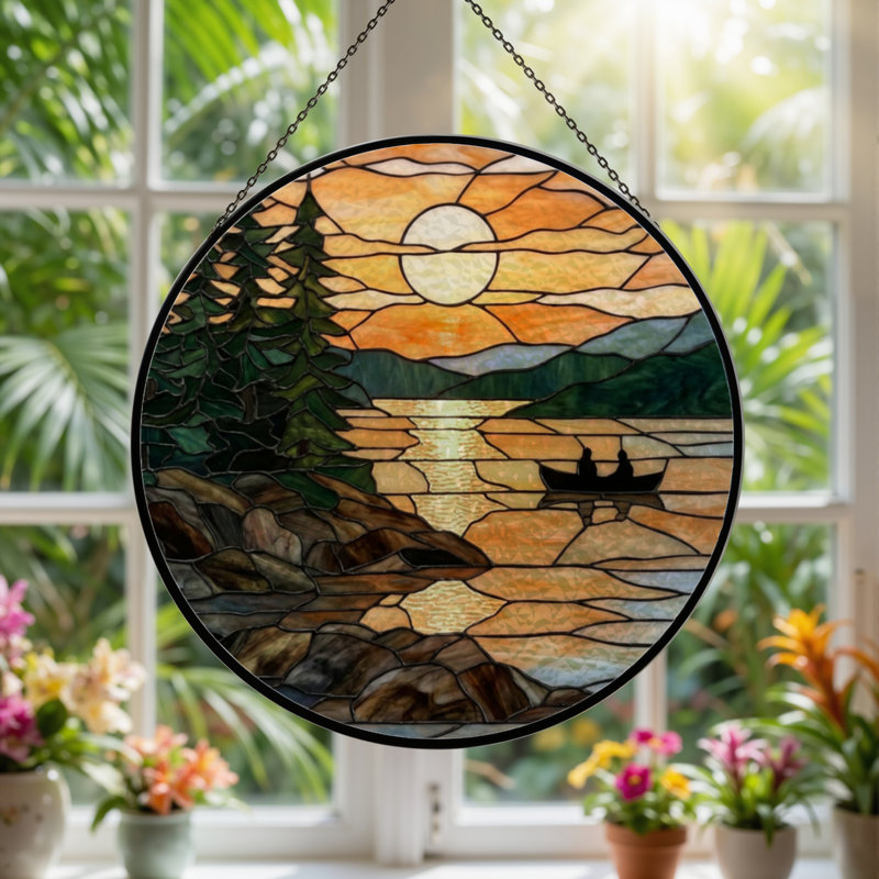 Panneau de vitrail 12 "H Sunset Lake, H 12 po x l 12 po