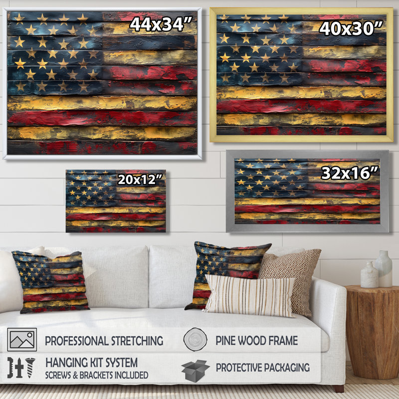 «Blue Red American Flag I», impression d'art mural, Cadre simple noir, bois massif, H 24 po x l 32 po