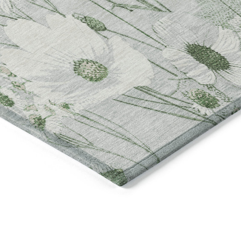 Mint Green Floral Washable Rectangular Rug 2'6" x 3'10"