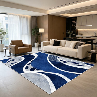 1PC Abstract Navy Blue & Light Grey Swirling Wave Geometric area rugs for Living Room, Soft and Comfortable, Suitable for all seasons, easy-to-maintain, machine washable Indoor floor mat, Under Table Farmhouse suitable for dining room, bedroom,