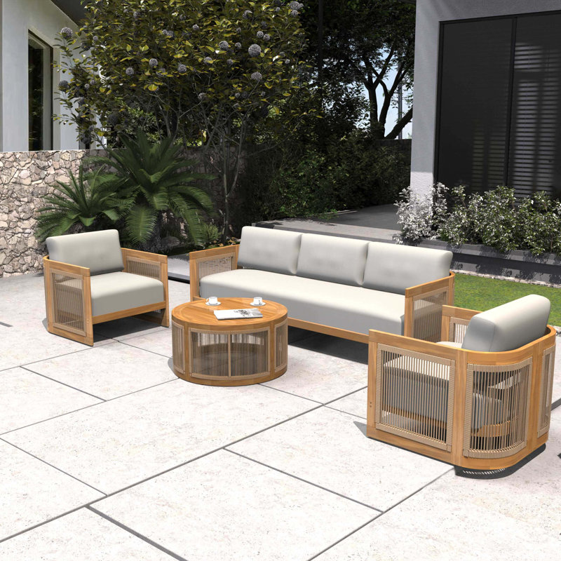 Solid Acacia 5-Seat Sofa Set With Round Coffee Table