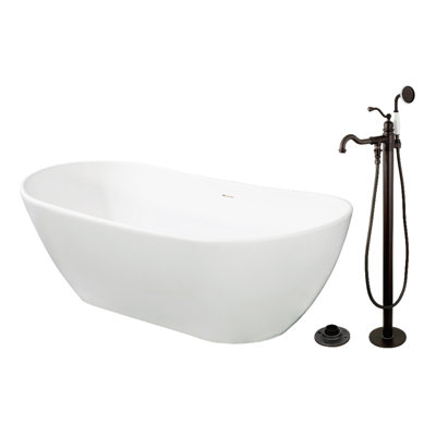 Kingston Brass Arcticstone 72-Inch Solid Surface Oval Double Ended Freestanding Tub With Faucet Combo And Drain