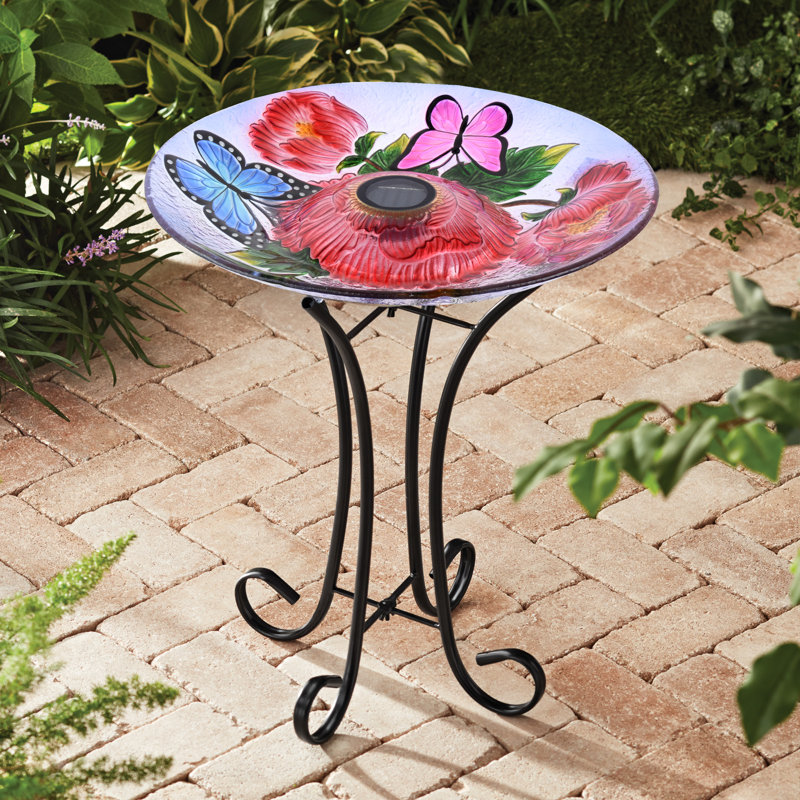Solar LED Floral Glass Bird Bath with Black Metal Stand