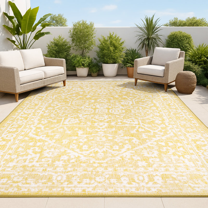Kisha Bohemian Medallion Textured Weave Yellow/Cream Indoor/Outdoor Rug, Rectangle 3'1" x 5'