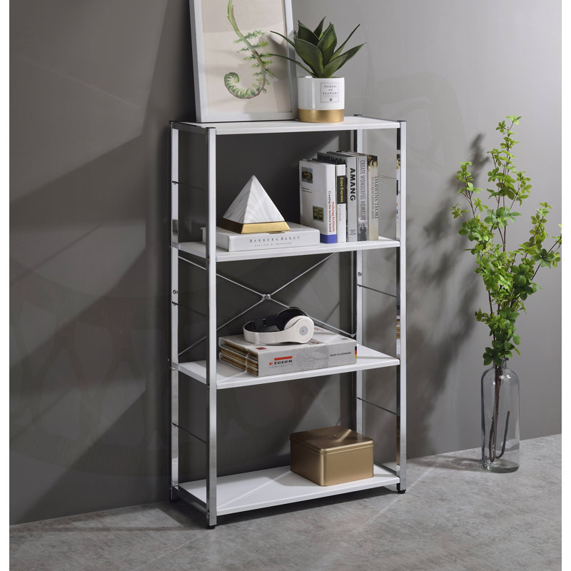White & Chrome Finish Bookshelf With Modern Design And Sturdy 4-Tier Storage, Perfect For Organizing And Displaying Essentials.