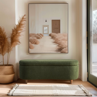 Bailey Green Boucle Upholstered Flip-Top Storage Bench with Hidden Compartment