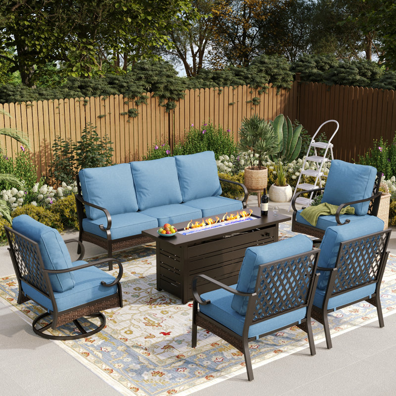 7 - Person Outdoor Patio Conversation Set With 2 Swivel Lounge Chairs & Fire Pit Table, Black/Denim Blue/Black