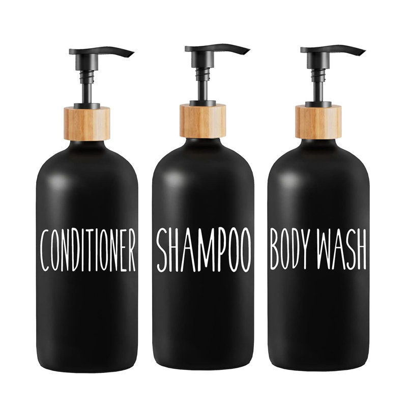 Shampoo/Conditioner Dispenser Set | Glass Refillable Bottles with Easy-Read Labels | for Body Wash & Shower, Black