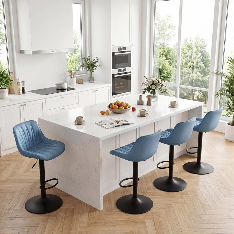 Modern Height Adjustable Swivel Bar Stools Upholstered Leather Barstool Kitchen Island Chairs With Metal Frame, Blue