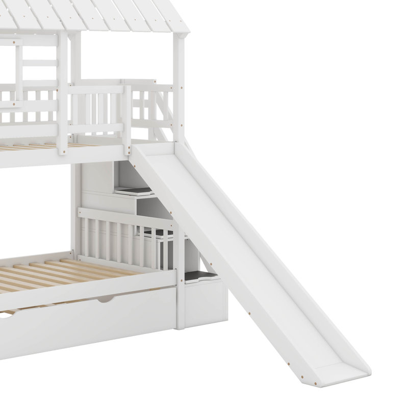 Twin Over Twin House Bunk Bed, Bed Frame With Trundle And Slide, Storage Staircase, Roof And Window Design, White